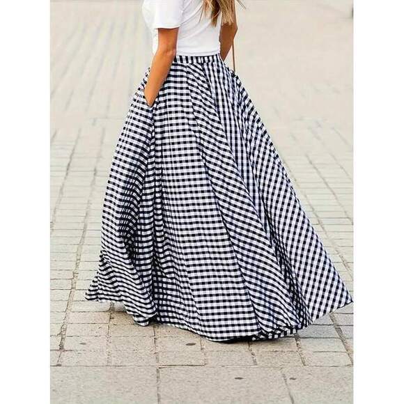 Women's Elegant Plaid Skirt, High Waist Wide Hem Flowy A-Line Skirt, Spring/Summ - Picture 3 of 4